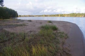Itärannan luonnovaraista hiekkarantaa Koukkunimessä etelästä päin kuvattuna. Taustalla kylänrannan pohjukka.